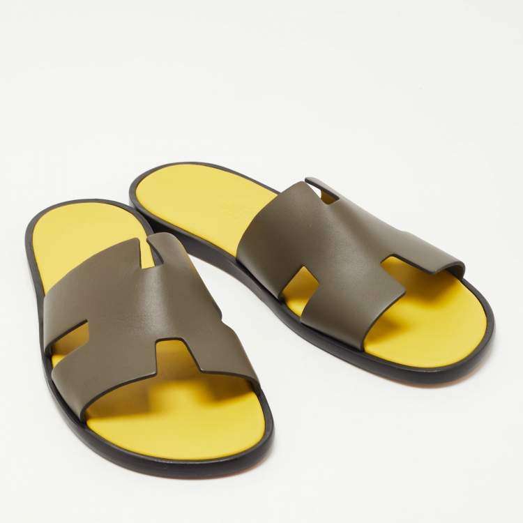 Hermès Olive Green Leather Izmir Slide Sandals Size 42.5