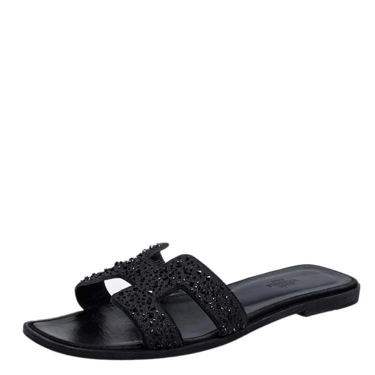 Hermes Black Crystal Embellished Suede Oran Sandals Size 37