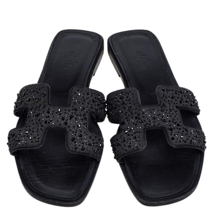 Hermes Black Crystal Embellished Suede Oran Sandals Size 37