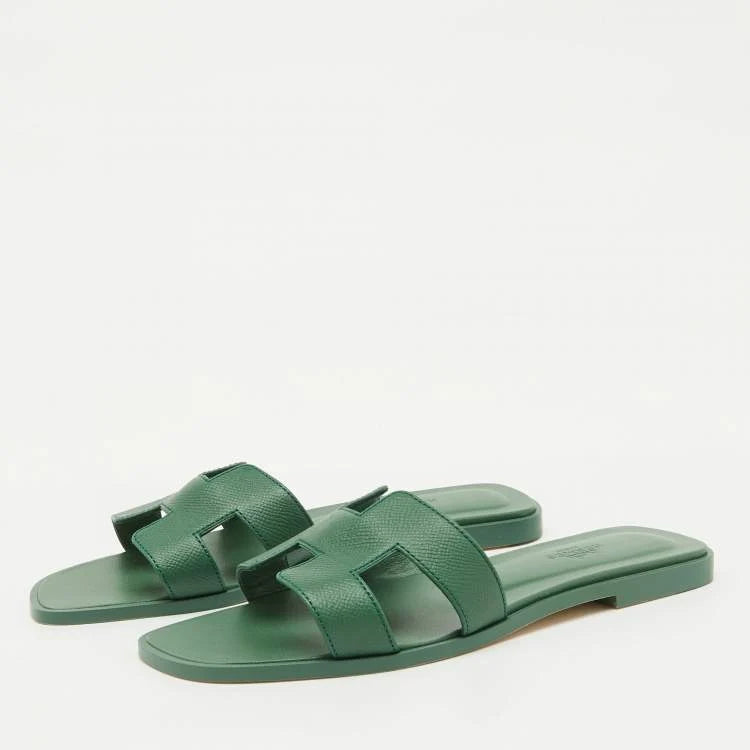 Hermes Green Leather Oran Flat Sandals Size 37
