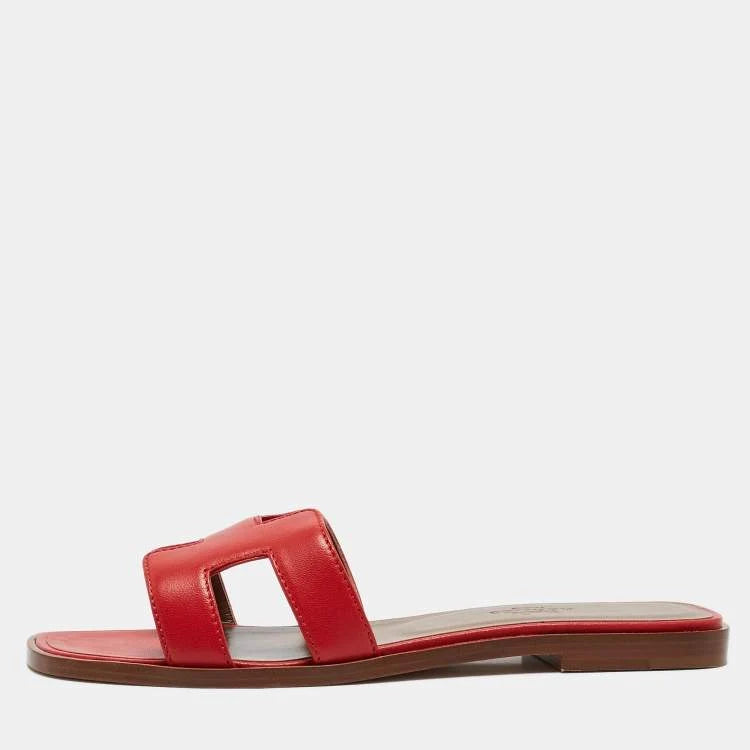 Hermes Red Leather Oran Slide Sandals Size 35