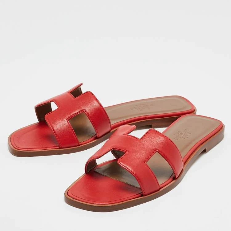Hermes Red Leather Oran Slide Sandals Size 37
