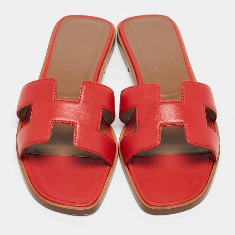 Hermes Red Leather Oran Slide Sandals Size 37