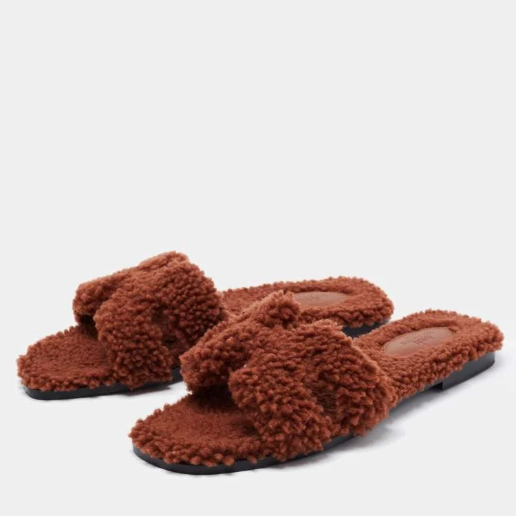 Hermes Brown Shearling Oran Slide Sandals Size 39