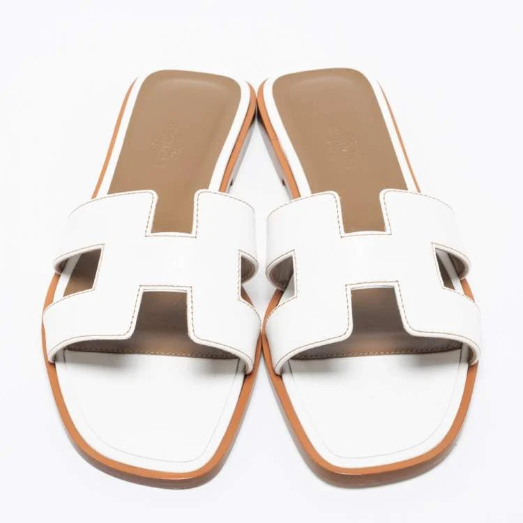 Hermes White Leather Oran Flats Sandals Size 39