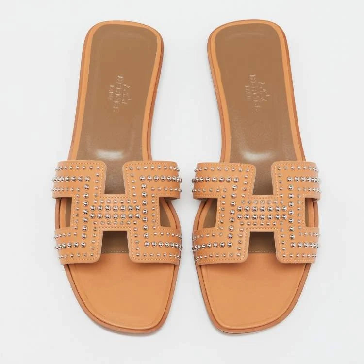 Hermes Peach Leather Studded Oran Flat Slide Sandals Size 38